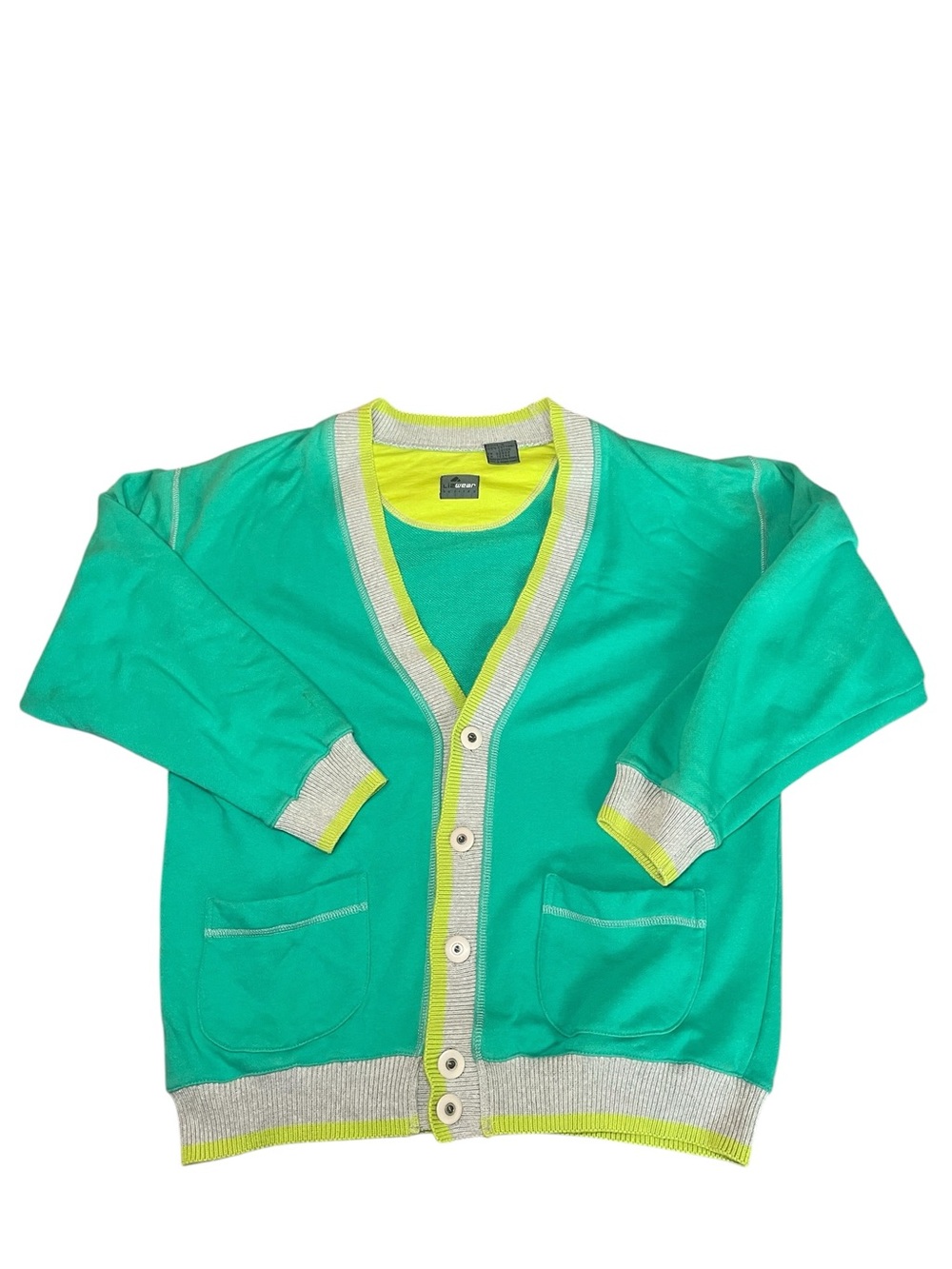 Lizwear Petites VTG 80s Retro Colorblock Cardigan Sweater Green Lime Gray Small